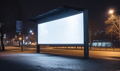 Illuminated Billboard Display Alongside Road at Night