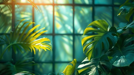 Tropical monstera plant behind reeded glass panel