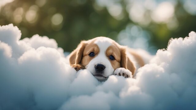 golden retriever puppy A blissful puppy with a serene smile, lying on a cloud like bed of cotton, with a backdrop  