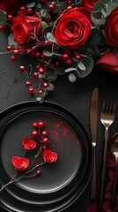 Fototapeta na wymiar Valentine's Day , restaurant. Dark red and black, elegant, table setting 