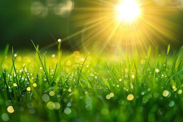 Fototapeta na wymiar Bright Sun Shining Over Green Grass