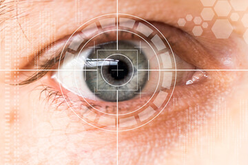 Eye monitoring and eye scan. Biometric digital scan of male eye close up.