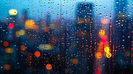 A close-up of raindrops on a window with blurred cityscape.