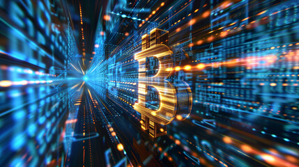 Futuristic Bitcoin Symbol in Digital Cyberspace with Network Data Streams