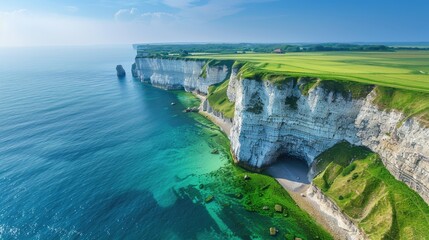 Coastal Erosion Beauty: Chalk Cliffs with Arches and Green Fields Aerial View