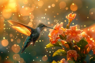 Obraz premium Hummingbird Flying Over Flowers