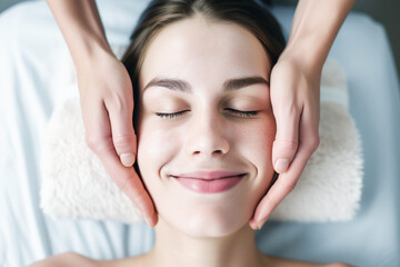 smiling woman receiving a gentle facial massage from a therapists hands
