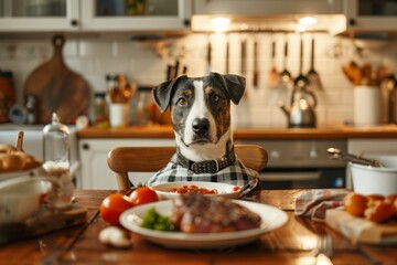 Dog Sitting at Table With Plate of Food - obrazy, fototapety, plakaty
