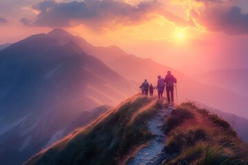 Group of People Hiking Up a Mountain - obrazy, fototapety, plakaty
