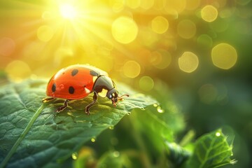 Ladybug Resting on Green Leaf