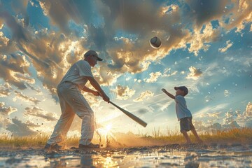 Father and Son Playing Baseball in a Field