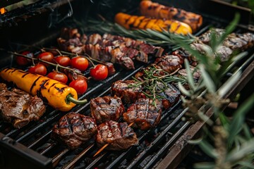 Close Up of Grill With Meat and Vegetables