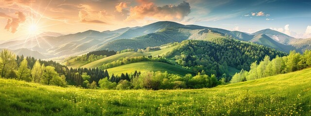 Springtime landscape in mountains. Panorama of beautiful countryside. grassy field and rolling hills. rural scenery