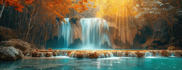 Secluded Waterfall Oasis in Autumn: Turquoise Waters Amidst a Forest of Fiery Leaves, Sunbeams Filtering Through Canopy