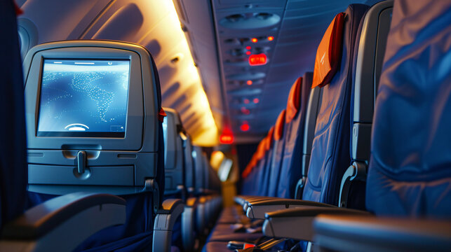 Airplane Seats with LCD Screens in the Cabin.