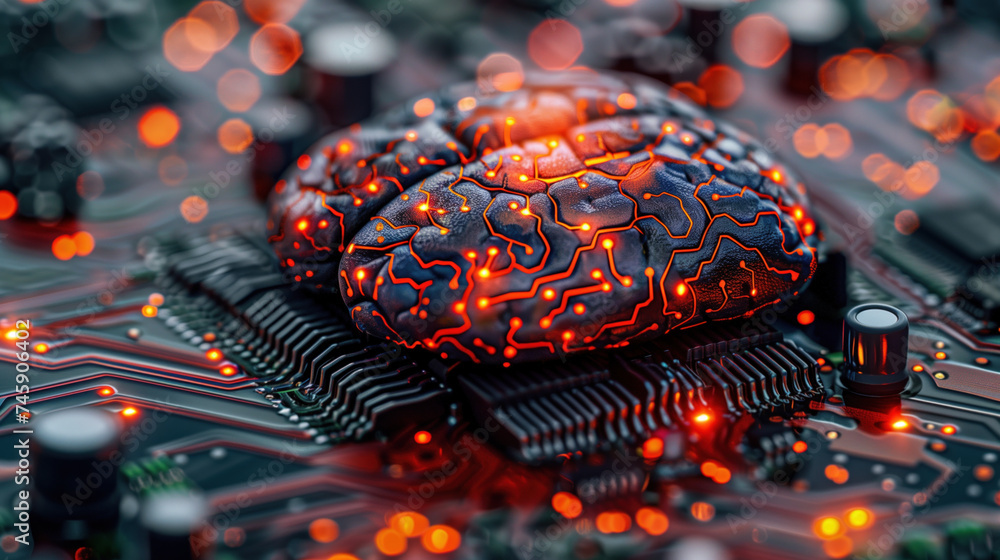 Poster digital brain on circuit board. high-tech brain structure intertwined with circuitry.