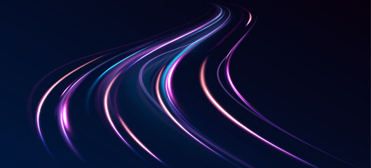 Neon color glowing lines background, high-speed light trails effect.  Magic shining neon light line trails.  Vector glitter light fire flare trace. Abstract image of speed motion on the road. 