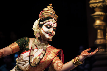 classical kathakali dancer with detailed makeup and costume on stage