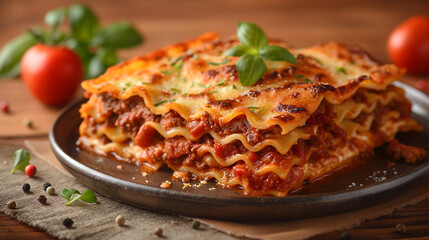 Savory slice of lasagna garnished with basil on a plate, with ingredients in the background with space for text