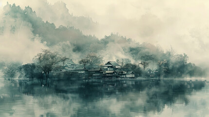 A watercolor painting of a small village covered in mist.