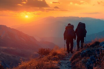 Two People Hiking Up a Hill at Sunset