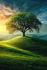 Lush Meadow Solitude: A Vibrant Tree Under a Dynamic Sunrise Sky, Horizon Light Enhancing the Scenic Tranquility