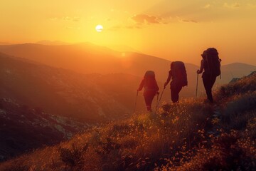 Two People Hiking Up a Hill at Sunset - obrazy, fototapety, plakaty