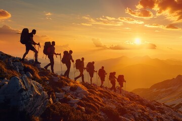 Group of People Hiking up a Mountain at Sunset - obrazy, fototapety, plakaty