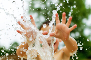kid splashing water with hands, smiling