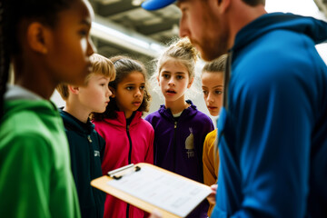 kids in huddle listening to coach with clipboard - Powered by Adobe