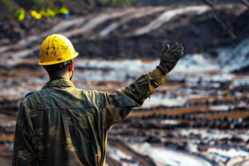 worker with hard hat directing cleanup of a mudslide