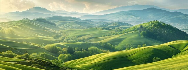 Springtime landscape in mountains. Panorama of beautiful countryside. grassy field and rolling hills. rural scenery