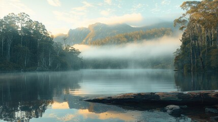 Dawn's Soft Light at a Secluded Forest Pond: Mist Over Water, Mountains Shrouded in Fog, Log Leading to Wilderness