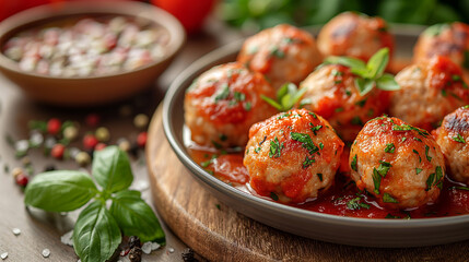 Close-up of savory meatballs in rich tomato sauce garnished with herbs on rustic kitchen table. Homemade juicy meatballs in tomato sauce with fresh herbs - obrazy, fototapety, plakaty