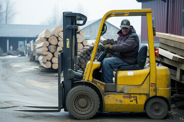 worker using a forklift to transport lumber at sawmill