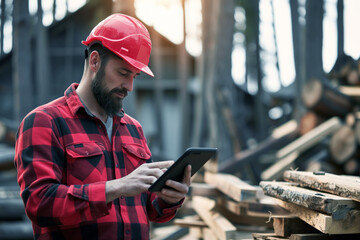 lumberjack using a tablet to manage sawmill inventory - obrazy, fototapety, plakaty