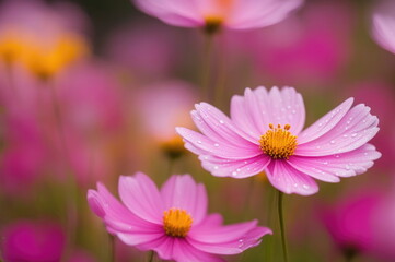 Obraz premium Vivid pink cosmos flower with a golden center, adorned with crystal-clear dew drops