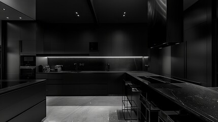 Minimalist black kitchen, sleek black surfaces and minimalist design elements come together to create a sophisticated and functional space for culinary exploration