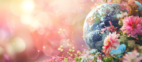 
The beautiful planet Earth, with a big bouquet of flowers coming out from behind it, with a pastel...