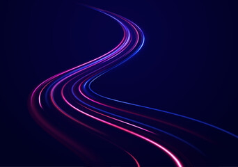 Neon color glowing lines background, high-speed light trails effect.  Magic shining neon light line trails.  Vector glitter light fire flare trace. Abstract image of speed motion on the road. 