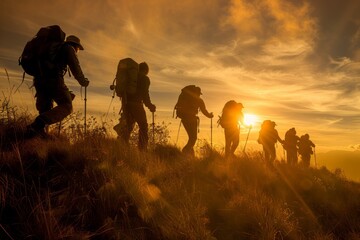 Group of People Hiking up a Hill at Sunset - obrazy, fototapety, plakaty