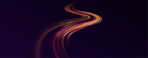 Abstract energy in the form of stripe, arc, curl and zigzag in neon colors with light effect. Light and stripes moving fast over dark background. High-speed light trails effect. 
