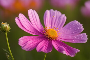 Fototapeta premium Vivid pink cosmos flower with a golden center, adorned with crystal-clear dew drops