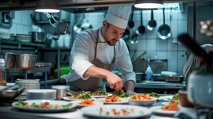 Chef Preparing Food in Kitchen 