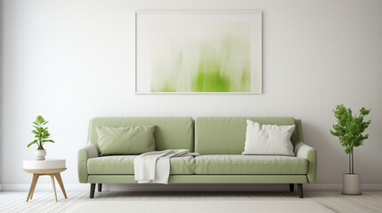 Fresh and Calm Living Room Decor with Olive Green Couch and Abstract Wall Art