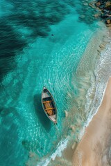 Fototapeta premium Peaceful Ocean Scene: Solitary Boat, Turquoise Waters, and White Sand Beach from Above