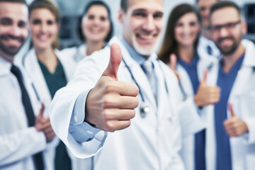 a doctor giving a thumbs up with a smiling medical team behind - Powered by Adobe