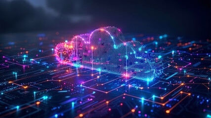 Fototapeta premium Cloud computing technology concept. 3d rendering double exposure illustration of cloud computing