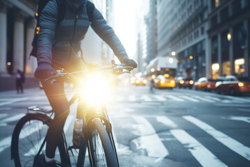 cyclist with a bright bike light on a city street - obrazy, fototapety, plakaty