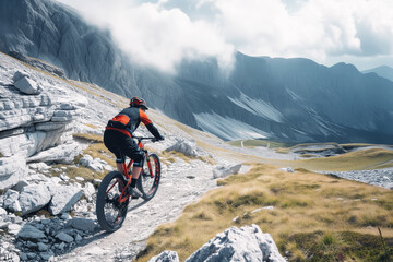 person on a mountain bike navigating a rocky trail